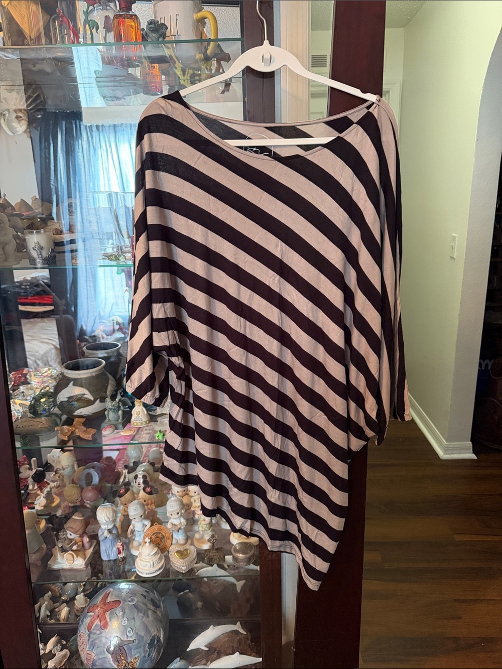 INC International Concepts Diagonal Stripe Boatneck Tunic in Black and Cream